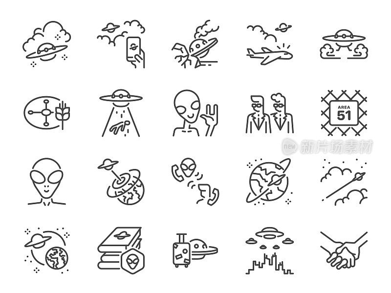 UFO icon set. It included icons such as aliens, extraterrestrial life, space, intergalactic, and more.